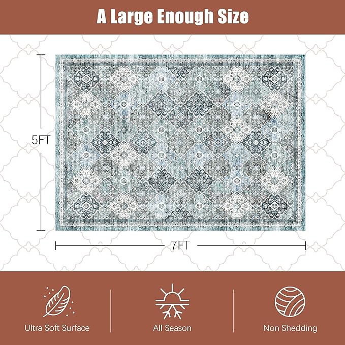 3' x 5 ' Washable Area Rug - Low Pile Soft Vintage Indoor Rug for Living, Dining or Bedroom - Lightweight Carpet with Non-Slip Backing - Foldable for Easy Placement, Ocean Blue