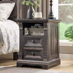 Farmhouse Nightstand with Charging Station, 18" End Table with 2 Drawers Storage and 1 Storage Shelf, Wooden Sofa Side Table w/Roman Column, Bedside Cabinet for Bedroom, Living Room, Dark Rustic Oak