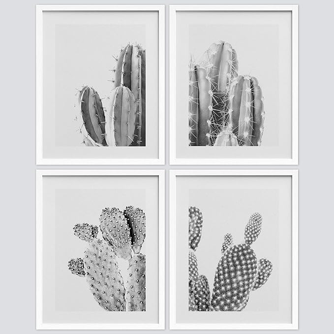 SIGNWIN Framed Black & White Saguaro Southwest Desert Tropical Cactus Wall Art, Set of 4 Floral Botanical Wall Decor Prints, Nature Wilderness Wall Décor for Living Room, Bedroom - 11"x14" White