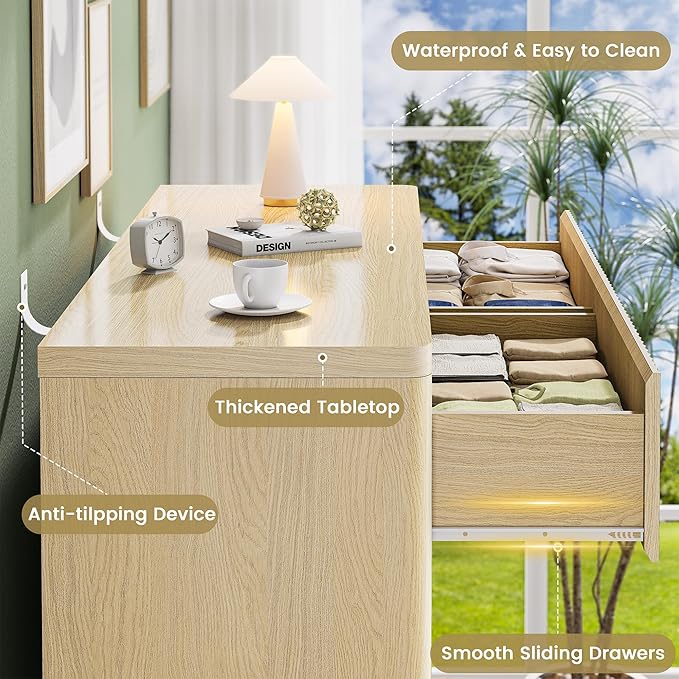 48" Wide Fluted Dresser with 8 Drawers, Modern Chest of Drawers with Deep Drawers, Handleless, Curved Profile, Wooden Storage Organizer for Bedroom, Living Room, Hallway, Natural