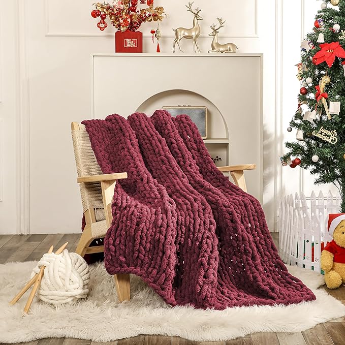 WESHIONGOO Chunky Knit Blanket Throw 50"×60" Knitted Throw Blankets for Couch Bed Fluffy Soft Blanket with Jumbo Chenille Yarn Thick 100% Handmade(Burgundy Red)