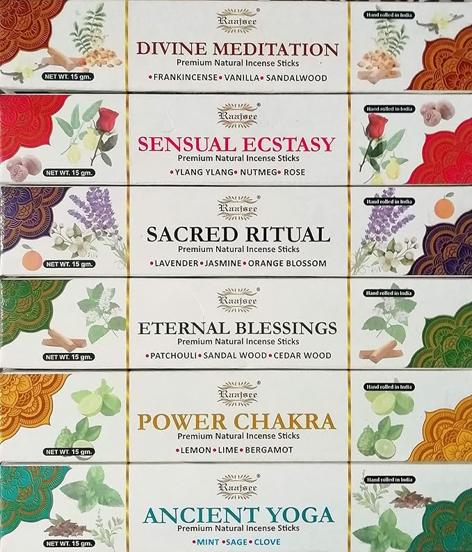 Raajsee Natural Incense Sticks,6 Pack Mixed Scents Gift Pack 15 gm Each (90 gm Total), Insense Sticks Variety Pack, 100% Organic Non Toxic Natural - Hand Rolled Free from Chemicals