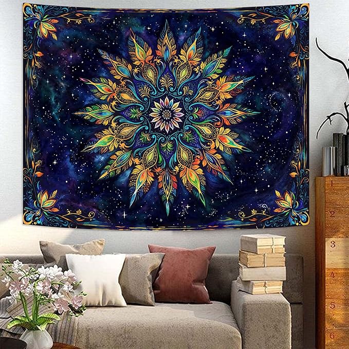 Fowocu Boho Floral Mandala Tapestry for Bedroom Aesthetic Blue Bohemian Colorful Flower Wall Tapestry Purple Hippie Indian Small Tapestries Wall Hanging for Living Room Dorm Decor 60 x 44 Inch