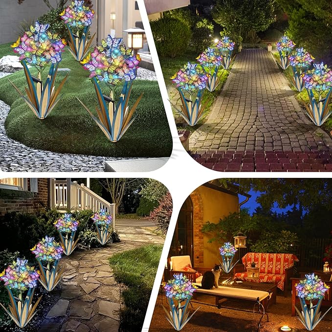 Homight Solar Metal Agave Butterfly Flower Stick Garden Sculpture - Outdoor Gift, Christmas Lights - Swaying Butterfly Garden Lights (2 PCS Blue)