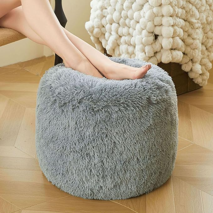 XeGe Fluffy Faux Fur Inflatable Pouf Ottoman, Soft Portable Shaggy Fuzzy Foot Stool, Gray Plush Furry Foot Rest Floor Pouf, Round Ottoman Cushion Living Room Bedroom Patio Dorm Desk, Light Grey