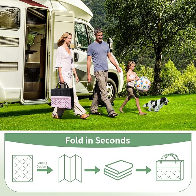 GENIMO Outdoor Rug Waterproof 6'x9' for Patio, Foldable Reversible Plastic Straw Carpet for Travel Trailers, Outside Area Mat for Rv, Deck, Picnic, Porch, Camper, Balcony, Beach, Pink & Grey
