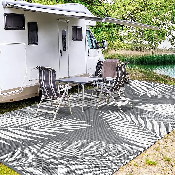 GENIMO Outdoor Rug 10' x 14' Waterproof for Patios Clearance, Reversible Outdoor Plastic Straw Camping Rug Carpet, Large Area Rugs Mats for RV, Camper, Deck, Balcony, Porch, Beach, Picnic, Grey&White