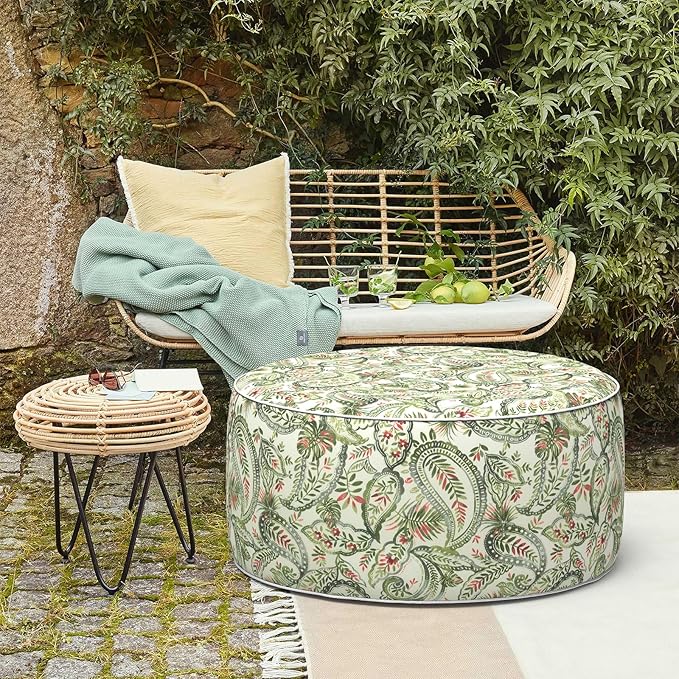 LVTXIII Outdoor Inflatable Ottoman, Fade-Resistant Round Footrest Stool D31”x H14”, Portable Patio Pouf for Garden Camping or Home Use, Faylinn Shadow Paisley