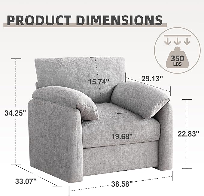 Chenille Oversized Armchair, 38.6'" Wide Accent Chairs for Living Room & Bedroom Modern Lounge Chair, Upholstered Mid-Century Reading Chair (LightGrey, 1 Pack)