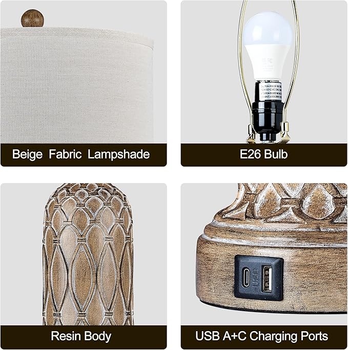 Farmhouse Lamps for Living Room Set of 2, 28" Table Lamps for Bedroom with USB Ports, 3-Way Dimmable Nightstand Table Lamp (Bulbs Included)