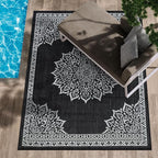 CAMILSON Outdoor Rug, 5x7 Medallion Black White Modern Area Rugs for Indoor and Outdoor Patios, Kitchen and Hallway Mats, Washable Porch Deck Outside Carpet (Medallion Black, 5 x 7)