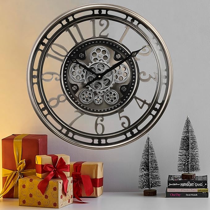 CLXEAST 21 Inch Large Moving Gear Wall Clock,Industrial Steampunk Decor,Decorative Wall Clock for Modern Farmhouse Living Room Decor,Gunmetal Silver Finish