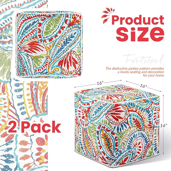Juexica 2 Pack Ottoman Poufs Indoor Outdoor Inflatable Ottoman Stool Cube Pouffe Square Footstool with Handle for Patio Garden Home Boho Decorative Living Room, Bedroom(16 x 16 x 16 Inches)