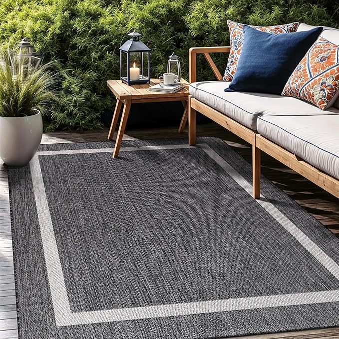 Bordered Outdoor Rug 9x12 Washable Outside Carpet for Indoor Patio Porch Waterproof Easy Cleaning Non Shedding Area Rugs Gray 9 x 12