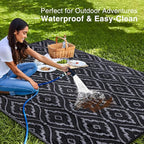 OLANLY Outdoor Rug 9x12 ft Waterproof, Outdoor Plastic Straw Rug with Geometric Pattern Clearance, Reversible RV Mat for Patio, Camping, Balcony, Deck, Backyard, Black & Grey
