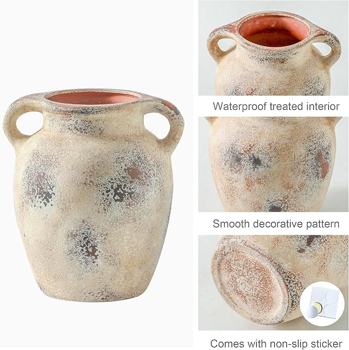 Enra Rustic Farmhouse Vase with Handle,7.8 Inch Pottery Decorative Flower Vase for Home Decor,Large Vintage Terracotta Vase for Table, Living Room, Bathroom Decoration, Shelf Decor, Mantel