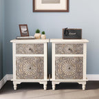 HOMPUS Night Stand Set 2, Vintage Nightstand with Storage, White Nightstand with Flower Pattern, Accent End Table, Bedside Table for Farmhouse, Bedroom, Light Grey Grain