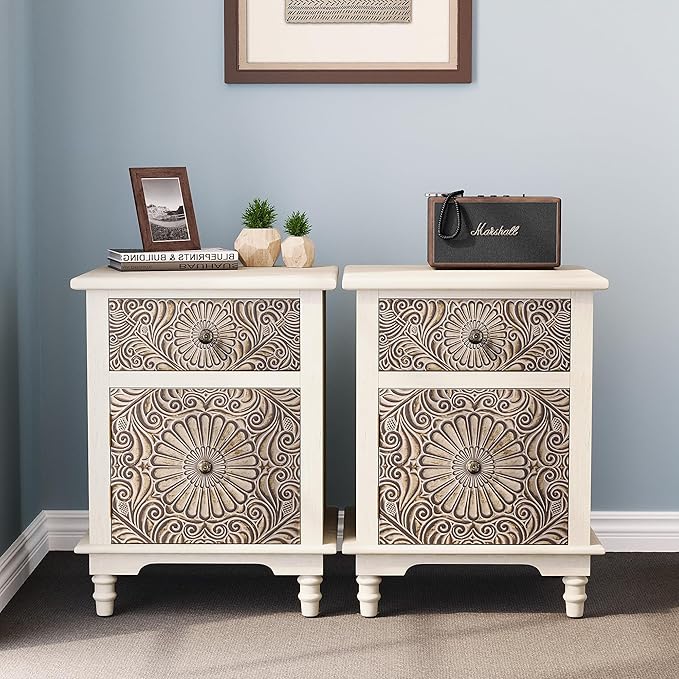 HOMPUS Night Stand Set 2, Vintage Nightstand with Storage, White Nightstand with Flower Pattern, Accent End Table, Bedside Table for Farmhouse, Bedroom, Light Grey Grain