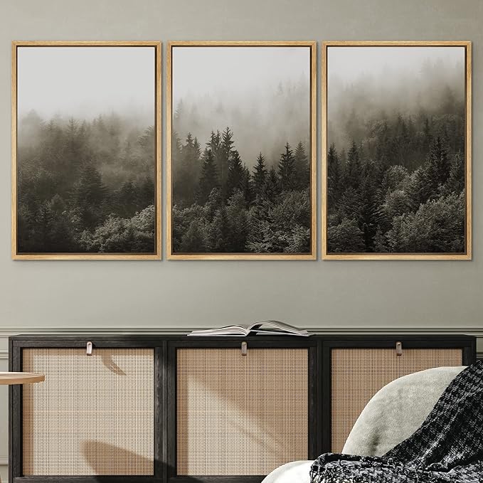 SIGNWIN Framed Canvas Print Wall Art Woodland Nursery Decor Set Fog & Mist Over Blue Pine Tree Forest Nature Modern Art Rustic Landscape Colorful for Living Room, Bedroom, Office - 16"x24"x3 Natural