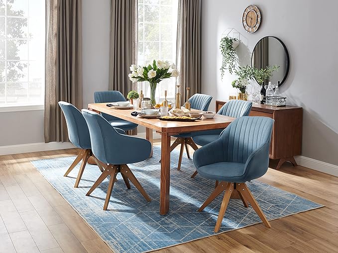 Art Leon Office Chair No Wheels, Mid Century Modern Desk Chair No Wheels, Swivel Accent Chair with Solid Wood Legs, Upholstered Arm Chair for Small Spaces Living Room Bedroom, Blue