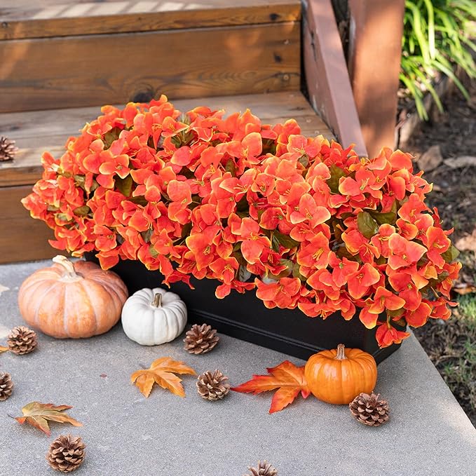 Ivydale Artificial Fall Flowers for Outdoors, 4 Bundles Faux Silk Bougainvillea Flower Plants Fake Outdoor Flowers for Planter Patio Porch Window Garden Home Decoration, Fall Orange