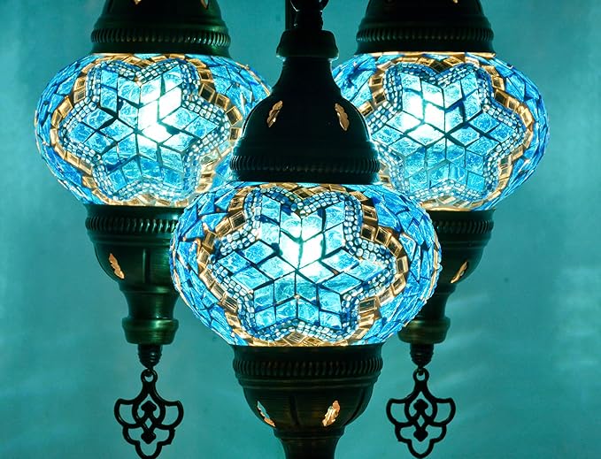 Mozaist Turkish Mosaic Lamp – Moroccan Handmade 3 Globe Table Light with Bulb (Sea Blue)