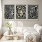 SIGNWIN Framed Canvas Print Wall Art Safari Animal Portrait Lion, Tiger, and Elephant Photography Modern Art Minimalist Black and White for Living Room, Bedroom, Office - 16"x24"x3 White