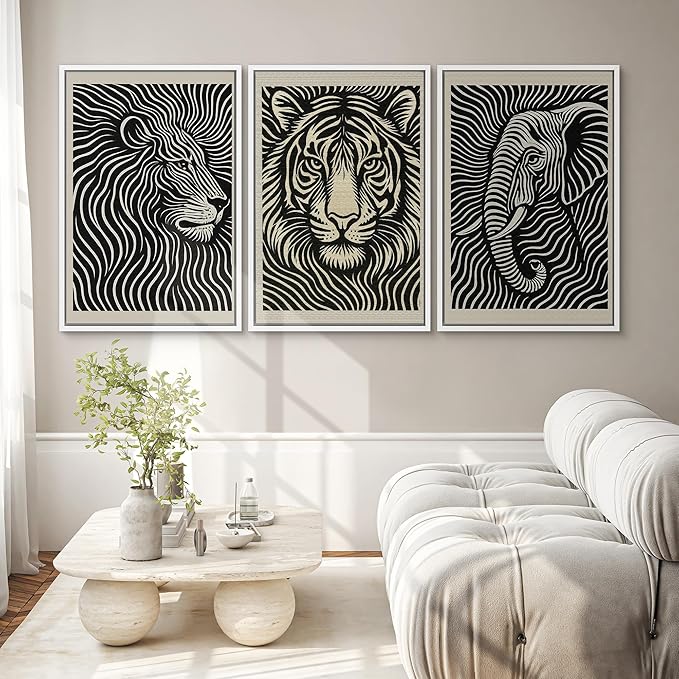 SIGNWIN Framed Canvas Print Wall Art Safari Animal Portrait Lion, Tiger, and Elephant Photography Modern Art Minimalist Black and White for Living Room, Bedroom, Office - 16"x24"x3 White