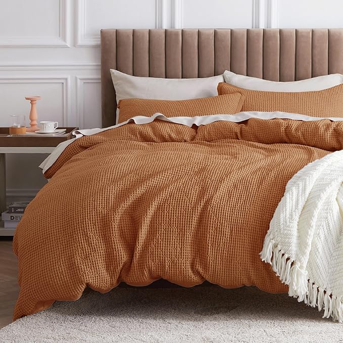Bedsure Cotton Duvet Cover Queen - 100% Cotton Waffle Weave Hazel Duvet Cover Queen Size, GentleSoft™ and Breathable Bedding Set for All Season, 3 Pieces, 90"x90"
