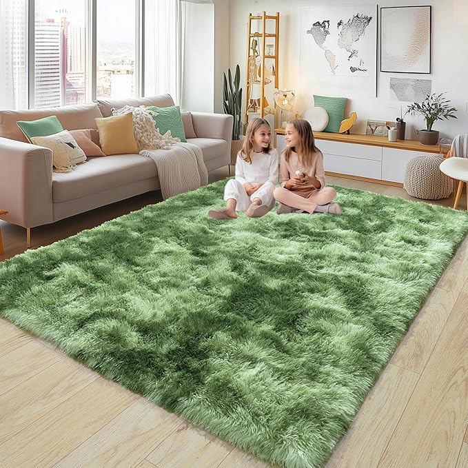 Large 8x10 Area Rugs for Living Room, Tie-Dyed Green Soft Shag Rug for Bedroom, Non-Slip Ultra Fluffy Rug, Modern Plush Carpet for Girls Boys Kids Room Dorm, Fuzzy Rug for Home Decor Aesthetic