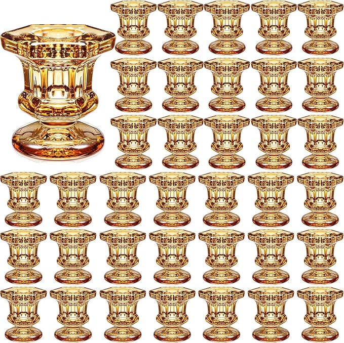 Foaincore 36 Pcs Candlestick Holders Bulk 2.36 Inch Taper Candle Holders Small Glass Candle Holder for Wedding Table Centerpiece Party Decoration (Amber)