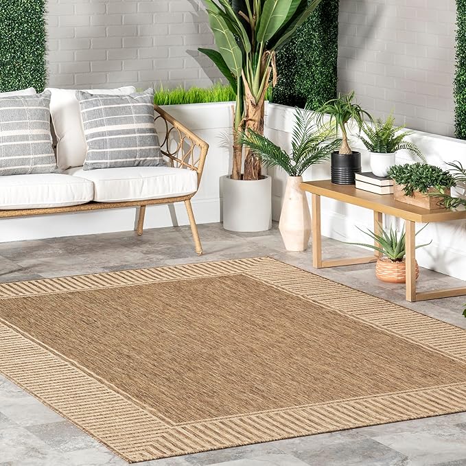 nuLOOM 8' x 10' Outdoor Area Rug, Casual Design With Striped Border, Stain Resistant, Highly Durable, For Patio, Balcony, Bedroom, Living Room, Dining Room, Bathroom, Light Brown