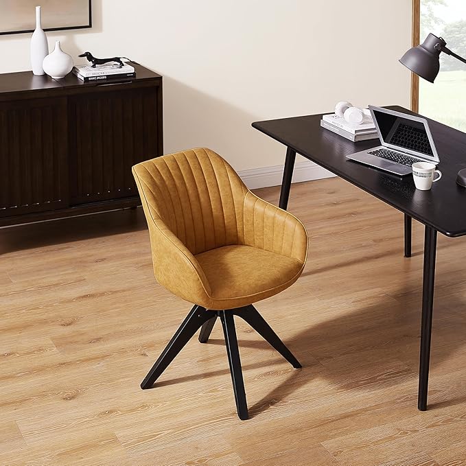 Art Leon Office Chair No Wheels, Mid Century Modern Desk Chair, Swivel Accent Chair with Oak Wood Legs, Faux Leather Upholstered Armchair for Desk, Yellow Brown