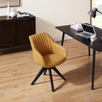 Art Leon Office Chair No Wheels, Mid Century Modern Desk Chair, Swivel Accent Chair with Oak Wood Legs, Faux Leather Upholstered Armchair for Desk, Yellow Brown