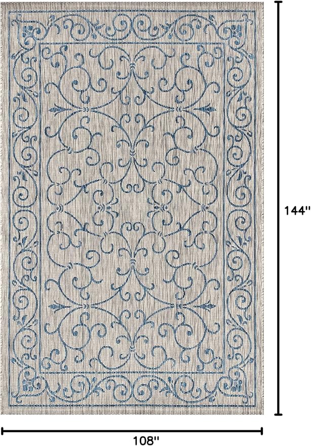 JONATHAN Y Vintage Filigree Indoor Outdoor Area Rug 9X12 Gray/Navy, Charleston Textured Weave for Backyard, Patio, Porch, Easy-Cleaning, High Traffic, Pet-Friendly, Non-Shedding (SMB106C-9)