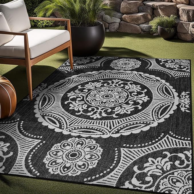 Medallion Outdoor Rug 10x14 Washable Outside Carpet for Indoor Patio Porch Waterproof Easy Cleaning Non Shedding Area Rugs Black 10 x 14