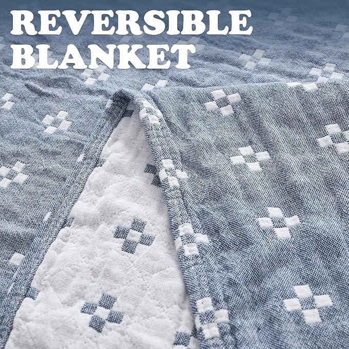 jinchan Boho 100% Cotton Blanket Muslin Lightweight Twin Size Quilted Throw Blanket for Couch Soft Cozy All Season Blanket 3-Layer Floral Throw Cotton Blanket for Bedroom Decor Blue 60x80 Inches