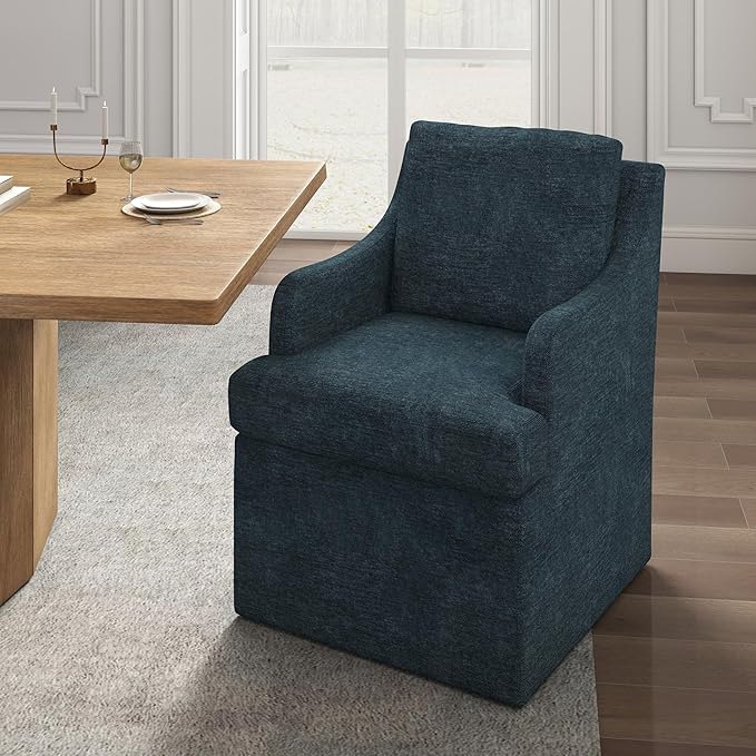 VKNOW Upholstered Dining Chairs Set of 4, Modern Kitchen Chairs Dinner Chairs with 4 Casters, Linen Armchair for Bedroom Reading Room Living Room, Navy