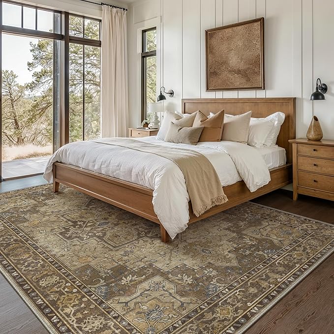 GENIMO 10x14 Area Rugs for Living Room, Machine Washable Non Slip Vintage Rugs, Low Pile Lightweight Chenille Print Rug for Bedroom, Dining Room, Home Office, Rustic Brown