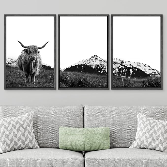 SIGNWIN 3 Piece Framed Canvas Wall Art Highland Cattle in Front of Snowy Mountain Black and White Canvas Prints Home Artwork Decoration for Living Room,Bedroom - 24"x36"x3 Panels