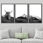 SIGNWIN 3 Piece Framed Canvas Wall Art Highland Cattle in Front of Snowy Mountain Black and White Canvas Prints Home Artwork Decoration for Living Room,Bedroom - 24"x36"x3 Panels