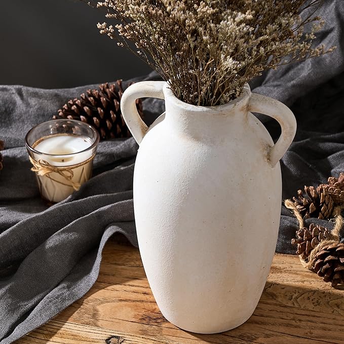 Ceramic Vase, 9.84 Inch Terracotta Vase with Handles, Boho Decor Decorative Vase, Rustic Vase for Home Decor, Farmhouse, Living Room, Table - Beige