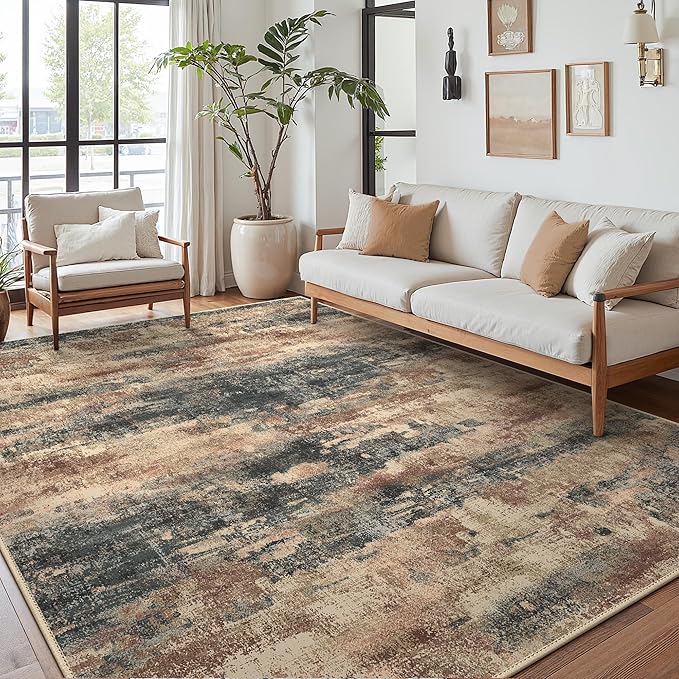 Area Rugs 10x12 for Living Room Bedroom, Modern Abstract Machine Washable Rug, Large Soft Low Pile Floor Cover with Non Slip Backing for Dining Room, Stone Rust