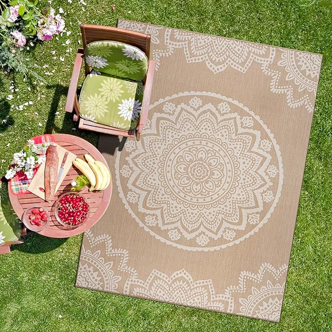CAMILSON Outdoor Rug 8x10 Modern Area Rugs for Indoor and Outdoor Patios and Porches - Waterproof, Washable, Non-Shedding, Easy-to-Clean Outside Carpet (8 x 10, Medallion - Beige/White)