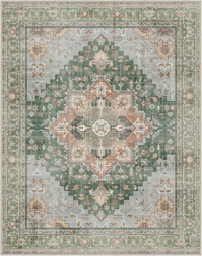 GENIMO 8x10 Area Rugs for Living Room, Machine Washable Non Slip Vintage Rugs, Low Pile Lightweight Chenille Print Rug for Bedroom, Dining Room, Home Office, Sage Green