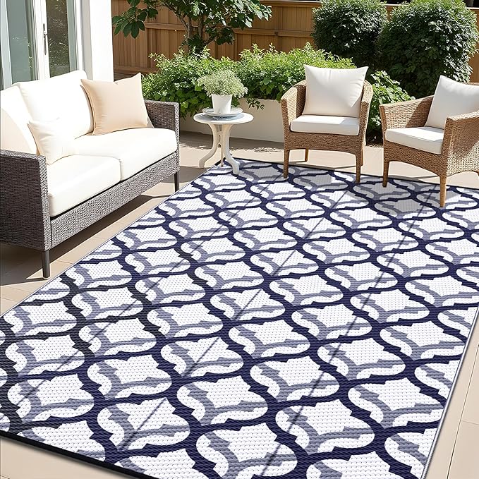 OLANLY Reversible Outdoor Rug 8x10 ft Clearance, Waterproof Outdoor Plastic Straw Rug with Interlacing Pattern, RV Mat for Patio, Camping, Balcony, Deck, Backyard, Navy & White