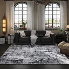 Rugcomf 6x9 Rug Washable Bedroom Rug Large Soft Area Rug Abstract Pattern Non-Slip Faux Wool Vintage Rug for Living Room, Farmhouse, Dining Room, Kids Playroom, Grey and Black