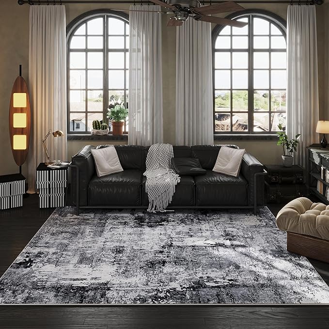 Rugcomf 6x9 Rug Washable Bedroom Rug Large Soft Area Rug Abstract Pattern Non-Slip Faux Wool Vintage Rug for Living Room, Farmhouse, Dining Room, Kids Playroom, Grey and Black