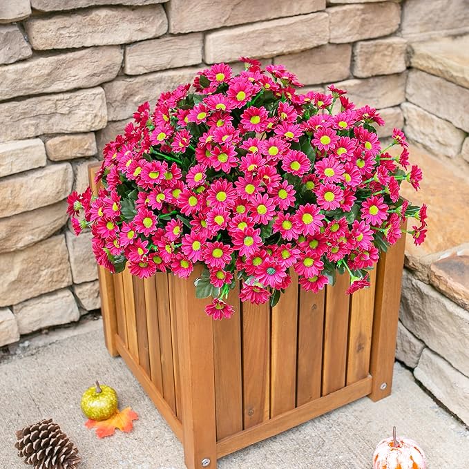 Daisy Artificial Flowers for Outdoors Fall Autumn Decoration, 6 Bundles Fake Mums Dark Red Silk Flowers for Outside Look Real UV Resistant Faux Flowers Plants for Planter Front Door Home Indoor Porch