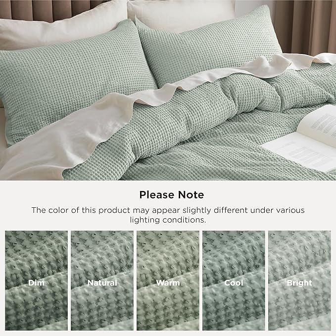 Bedsure Cotton Duvet Cover King - 100% Cotton Waffle Weave Sage Green Duvet Cover King Size, GentleSoft™ and Breathable Bedding Set for All Season, 3 Pieces, 104"x90"